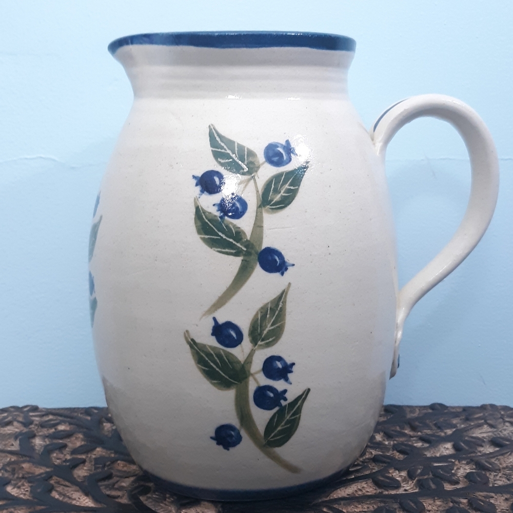 Vintage Pitcher Hand Thrown Studio Art Pottery Blueberries Blue White JoEl Maine - Picture 2 of 11